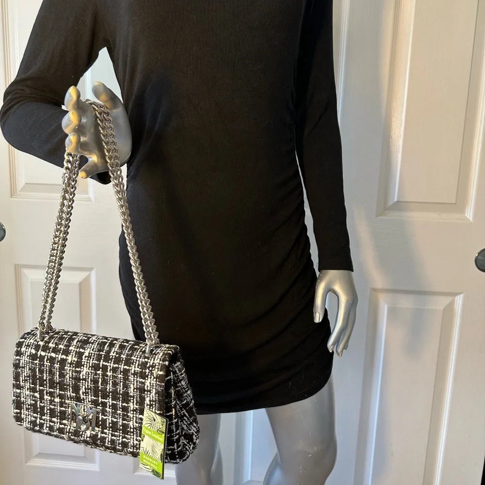 BADGLEY MISCHKA | Shimmer Tweed Adjustable Chain Strap Bag Black & White NWT